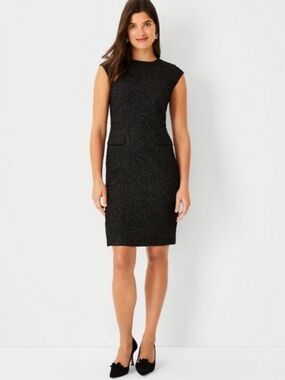 Ann Taylor Metallic Tweed Cap Sleeve Sheath Knee-Length Dress Event Black 8